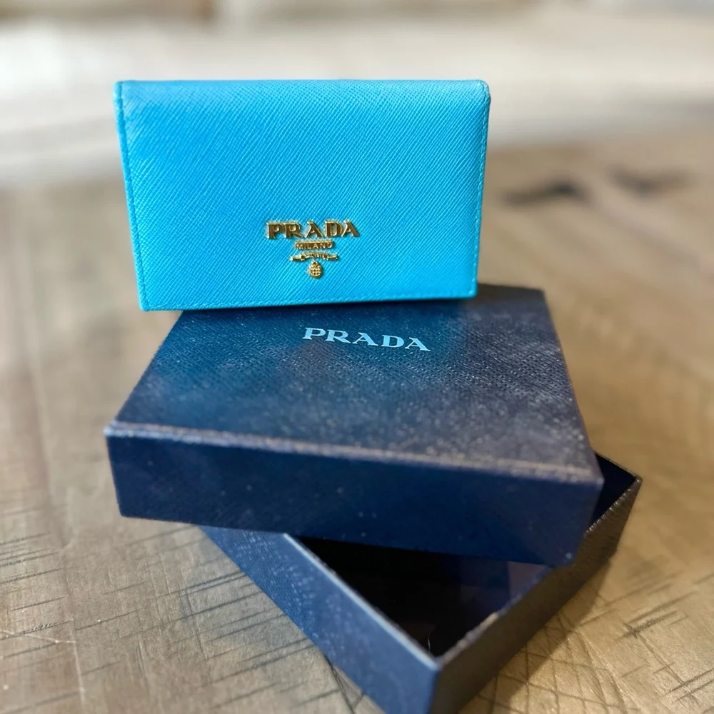 Prada Blue Saffiano Leather Card Holder with Gold Logo - Picture 4 of 12